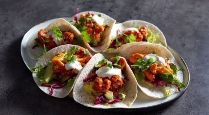vegan buffalo cauliflower tacos