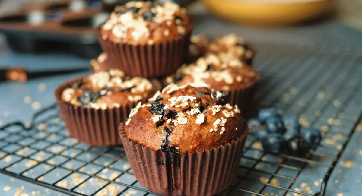 high protein blueberry oat muffin