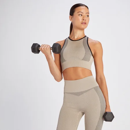 MP Women's Contrast Rib Seamless Sports Bra - Sesame/Black