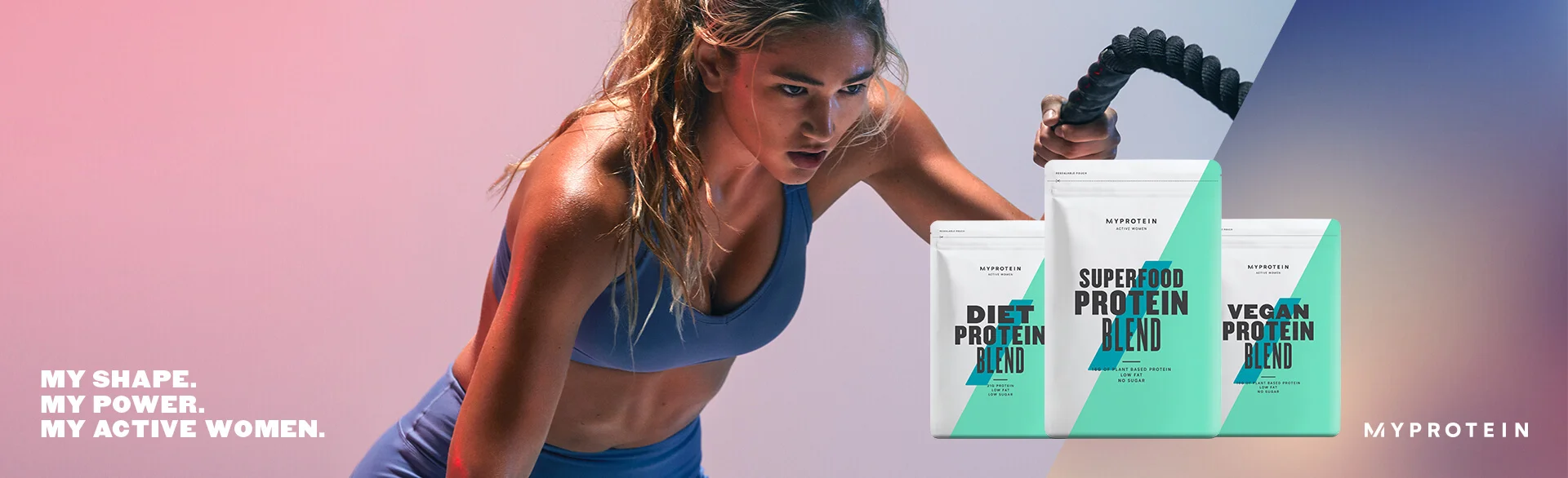 Female athlete doing battling rope exercise with product range imposed on top