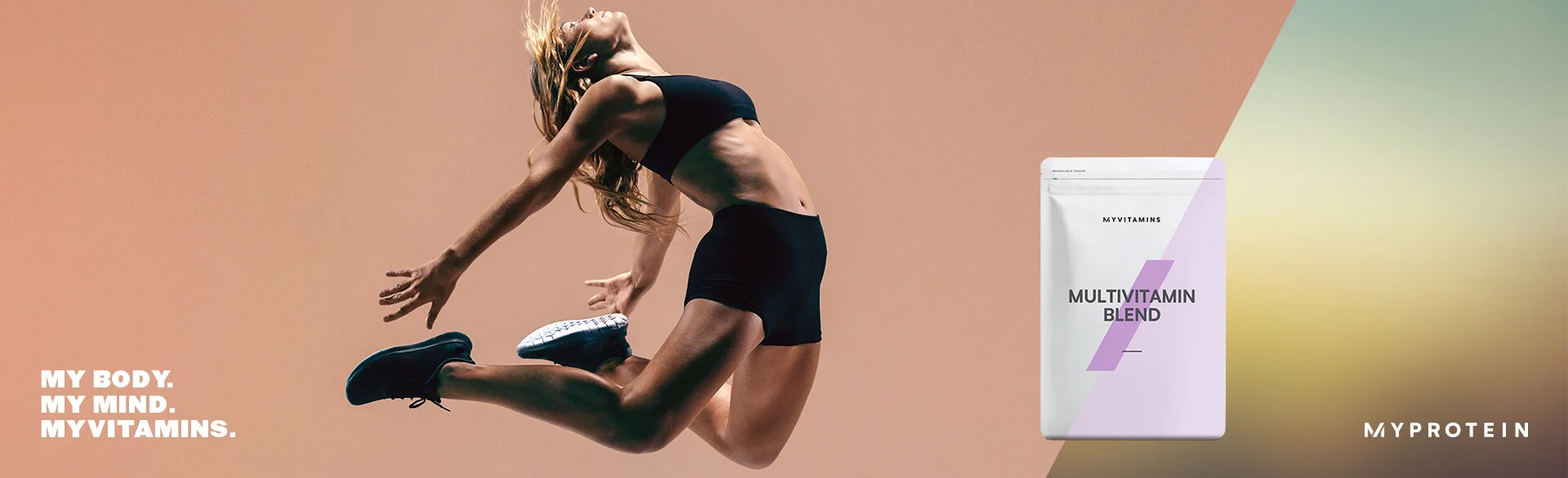 Female athlete who has jumped in the air, Myprotein multivitamin blend packet imposed on top
